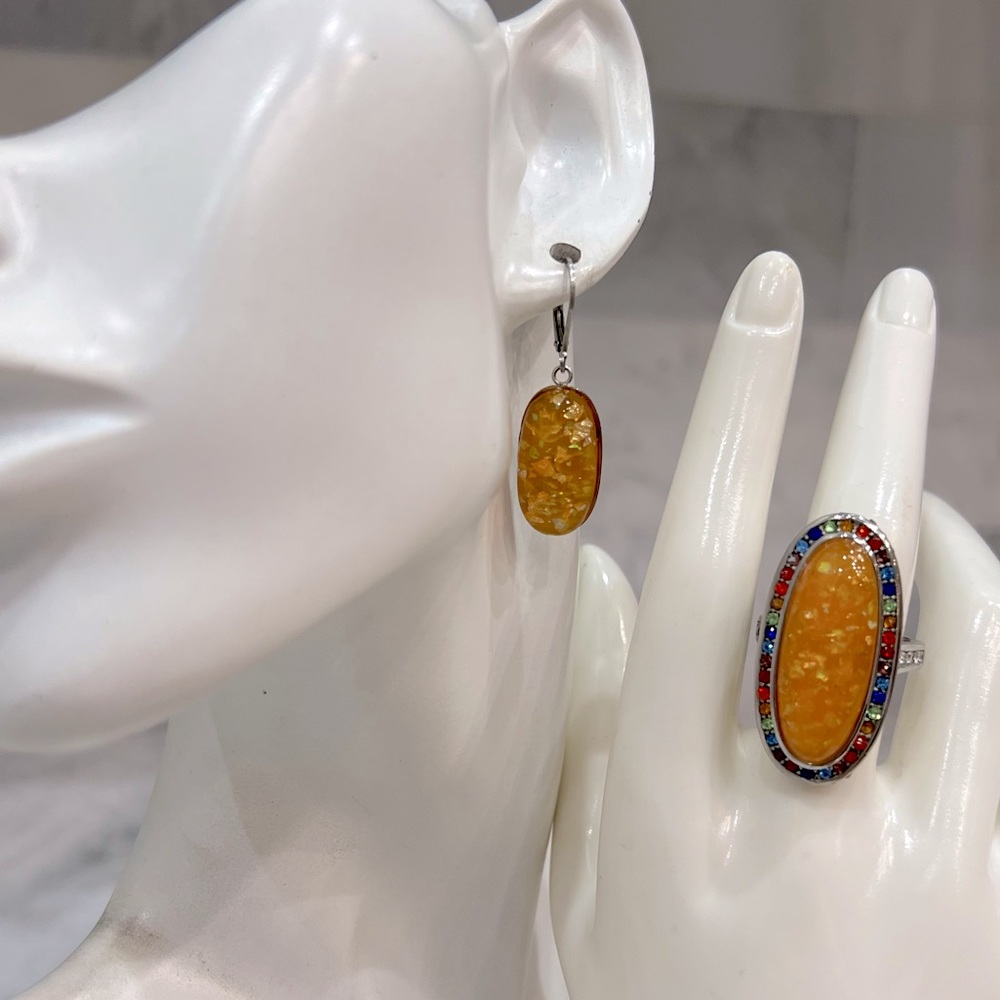 Orange Opal Multicolor Austrian Crystal Silver Halo Ring and Earrings Set